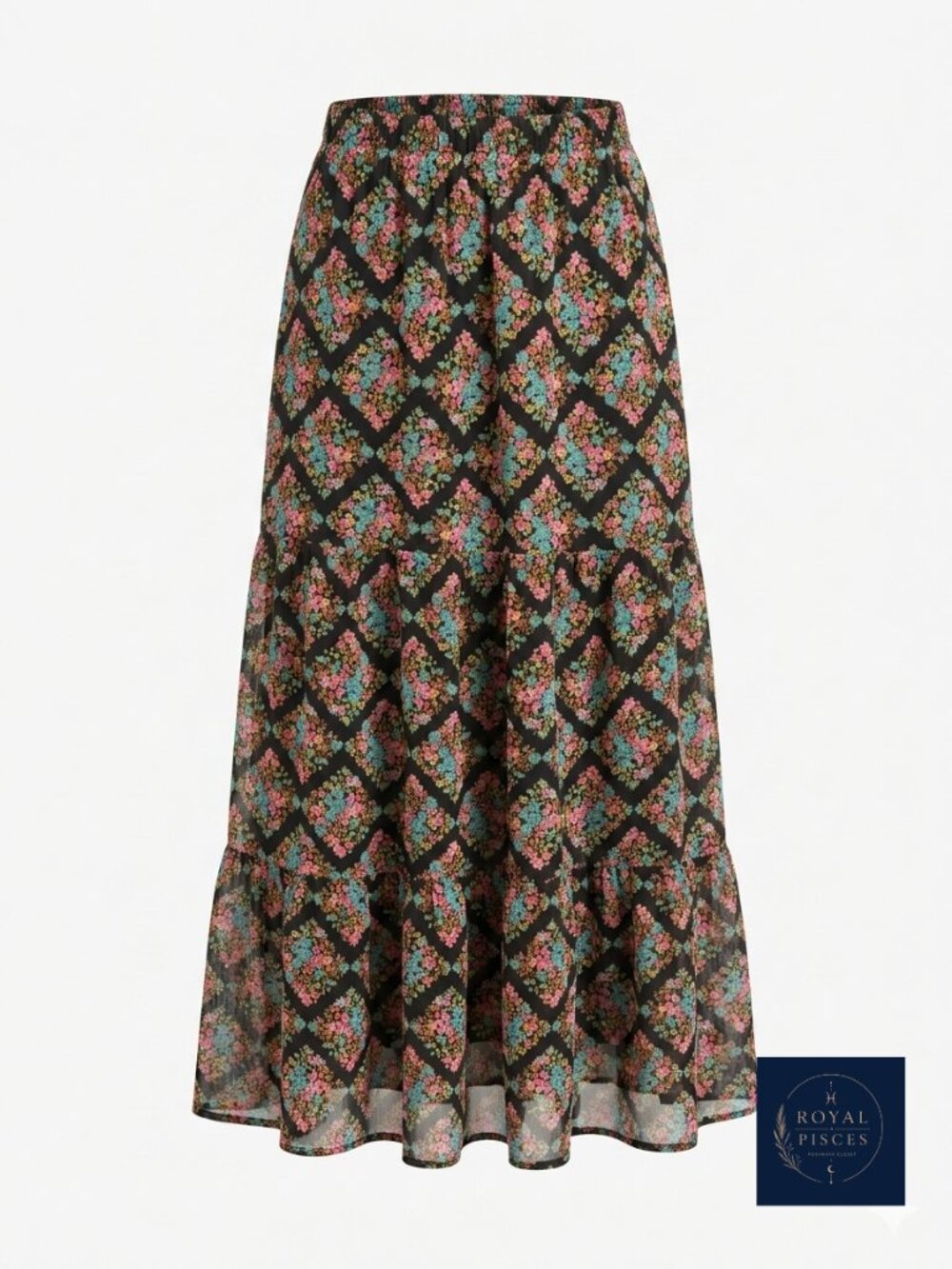 LC Lauren Conrad Black Maxi Skirt with Pink & Blue Floral Print